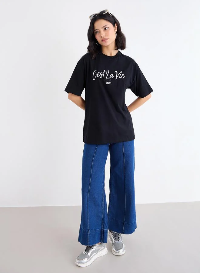 Styli Styli Embroidered Slogan Short Sleeve Oversized T-Shirt