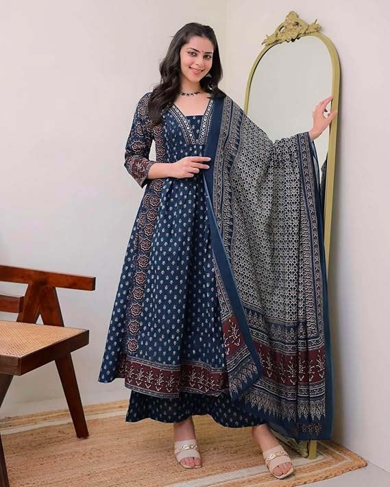 SKY FAB Women's Rayon Printed Anarkali Kurta and Pant with Dupatta Set (Large Size Available) - Image 3