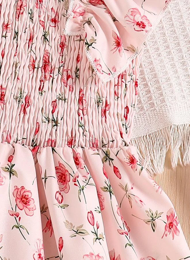 Take Two Take Two Girls Pink Floral Print Ruffled Sleeve Dress
