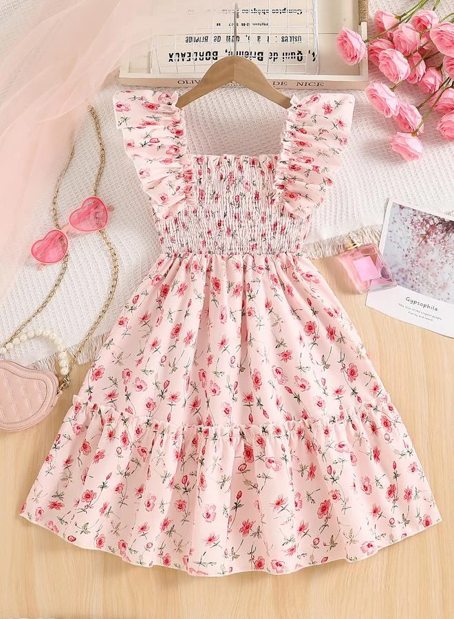 تايك تو Take Two Girls Pink Floral Print Ruffled Sleeve Dress