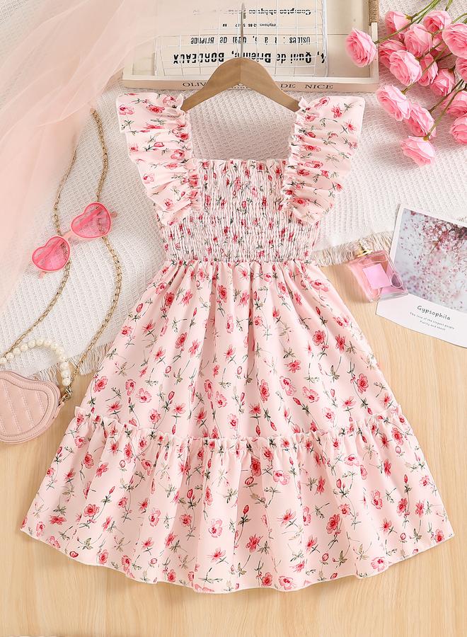 تايك تو فستان بناتي وردي بطبعات زهور وأكمام مكشكشة - Image 2
