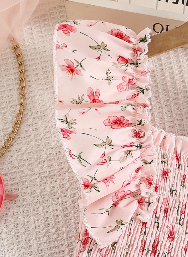 تايك تو فستان بناتي وردي بطبعات زهور وأكمام مكشكشة - Image 4