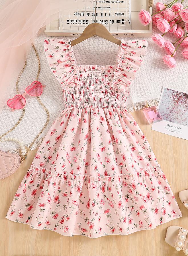 تايك تو فستان بناتي وردي بطبعات زهور وأكمام مكشكشة - Image 1