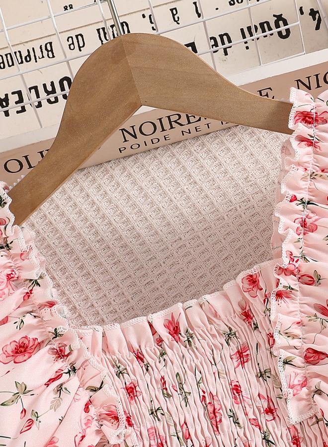 تايك تو فستان بناتي وردي بطبعات زهور وأكمام مكشكشة - Image 3