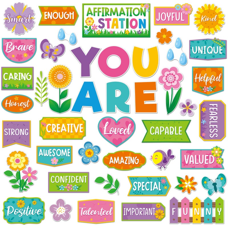 Weekgrat 45pcs Spring Affirmation Station Bulletin Board Set Motivational Posters Classroom Mirror Growth Mindset Decor Positive Affirmations Accents Cutouts for School Office Home Teacher Wall Supply - Image 1