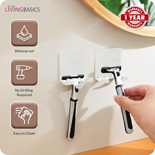 LIVINGBASICS Plastic 4 Pcs Hanging Hook/Adhesive Wall Hook/Razor Holder for Bathroom/Mobile, Loofah, Plug Holder/Multipurpose Wall Sticking Hooks - Image 4