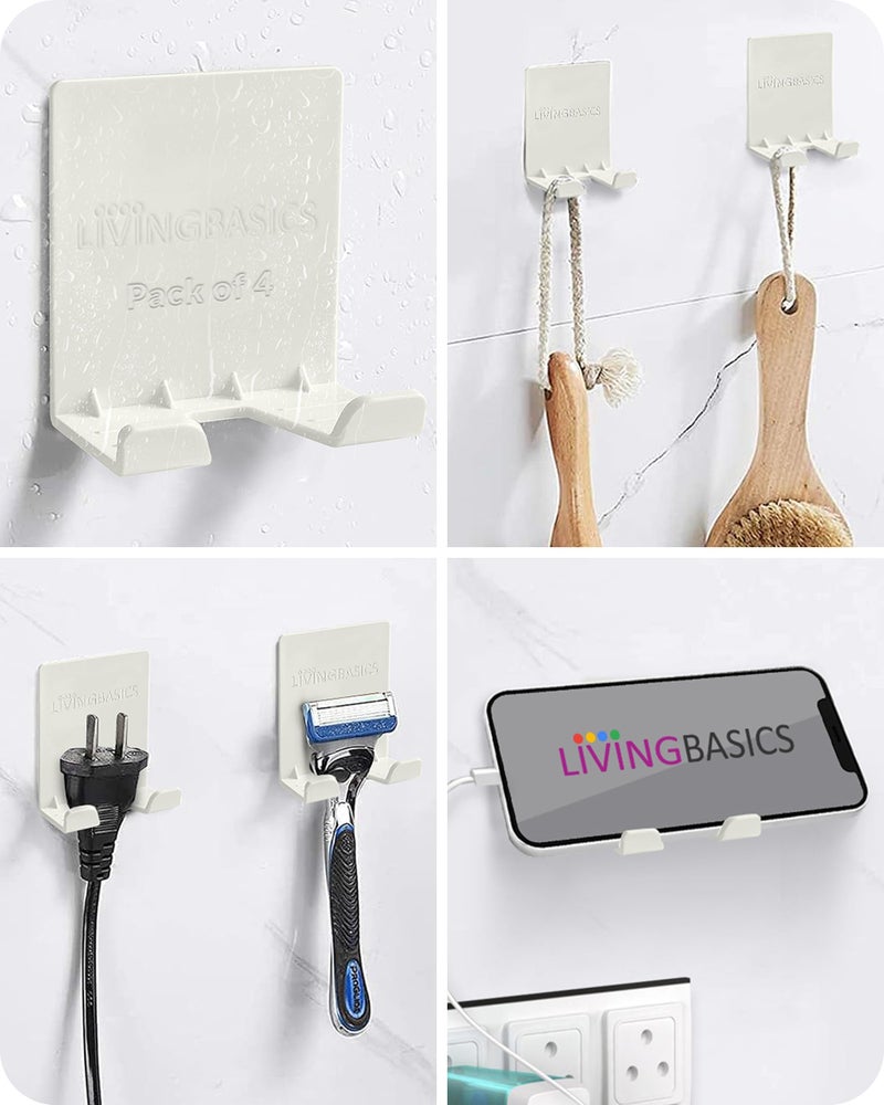 LIVINGBASICS Plastic 4 Pcs Hanging Hook/Adhesive Wall Hook/Razor Holder for Bathroom/Mobile, Loofah, Plug Holder/Multipurpose Wall Sticking Hooks - Image 1
