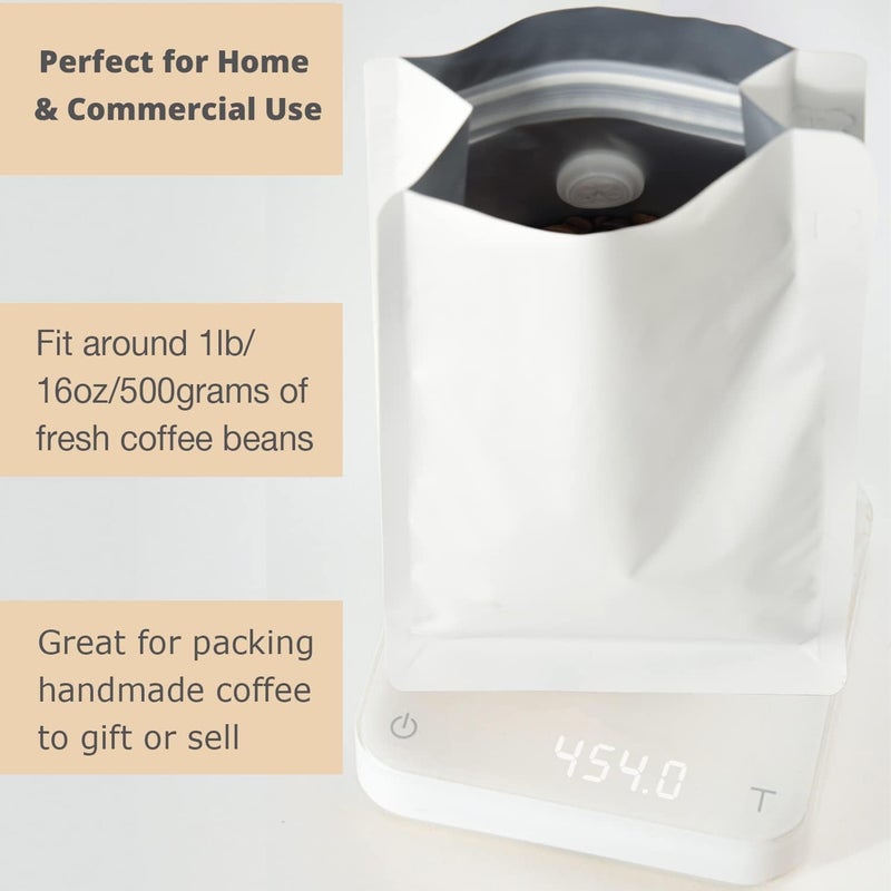 felipack 16oz 50pcs High Barrier Wihite Coffee Bags with Aluminum Foil Liner, Resealable Coffee Pouches with Degassing Valve, Ziplock Food Storage Bags with Pull Tape, 16oz/1lb/500gram, Pack of 50 - Image 5