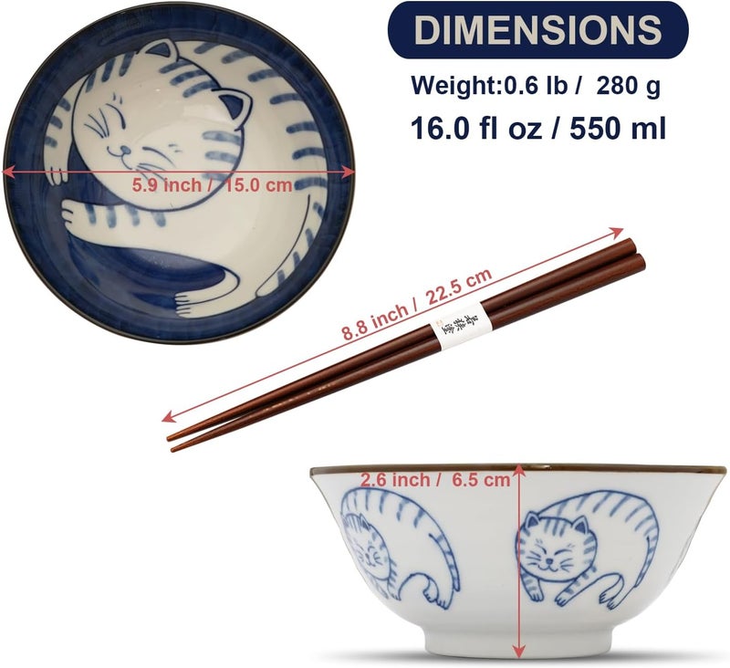 COTONOHA Mino Ware CatDesign Rice Bowl  WakasaNuri Wooden Chopsticks Pair Set  Artisan Japanese Tableware for Various Dishes Presented in an Elegant Black Box Striped Cat - Image 2