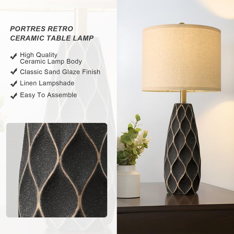 PORTRES 27.5" Ceramic Table Lamps for Bedroom Living Room Lamps Set of 2 Modern Bedside Nightstand Lamp Farmhouse Vintage Rustic Boho Retro Large Table Lamps Light Home Office Desk Deco Gifts, Black - Image 2