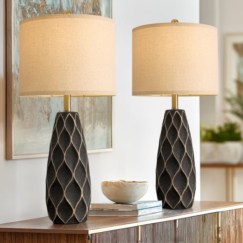 PORTRES 27.5" Ceramic Table Lamps for Bedroom Living Room Lamps Set of 2 Modern Bedside Nightstand Lamp Farmhouse Vintage Rustic Boho Retro Large Table Lamps Light Home Office Desk Deco Gifts, Black - Image 1