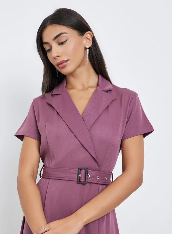 Styli  Styli Purple Notch Lapel Midi Dress with Belt for Women | Best Price UAE