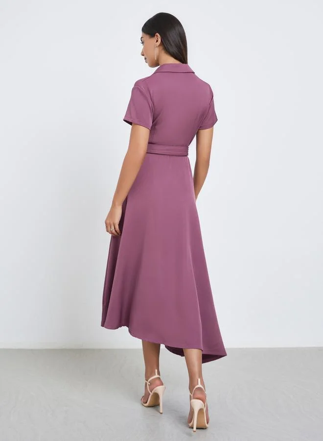 Styli  Styli Purple Notch Lapel Midi Dress with Belt for Women | Best Price UAE