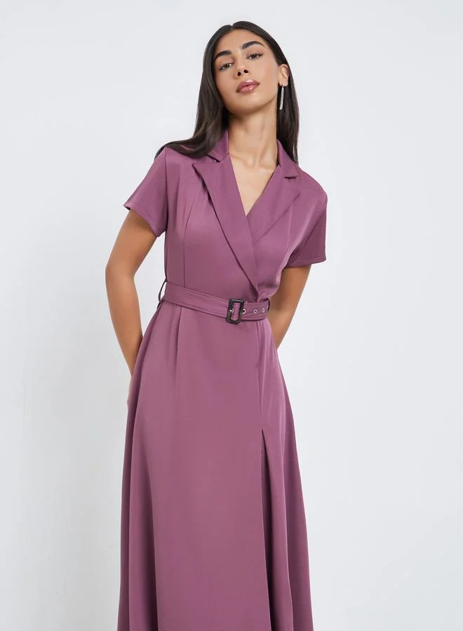 Styli Purple Notch Lapel Midi Dress with Belt