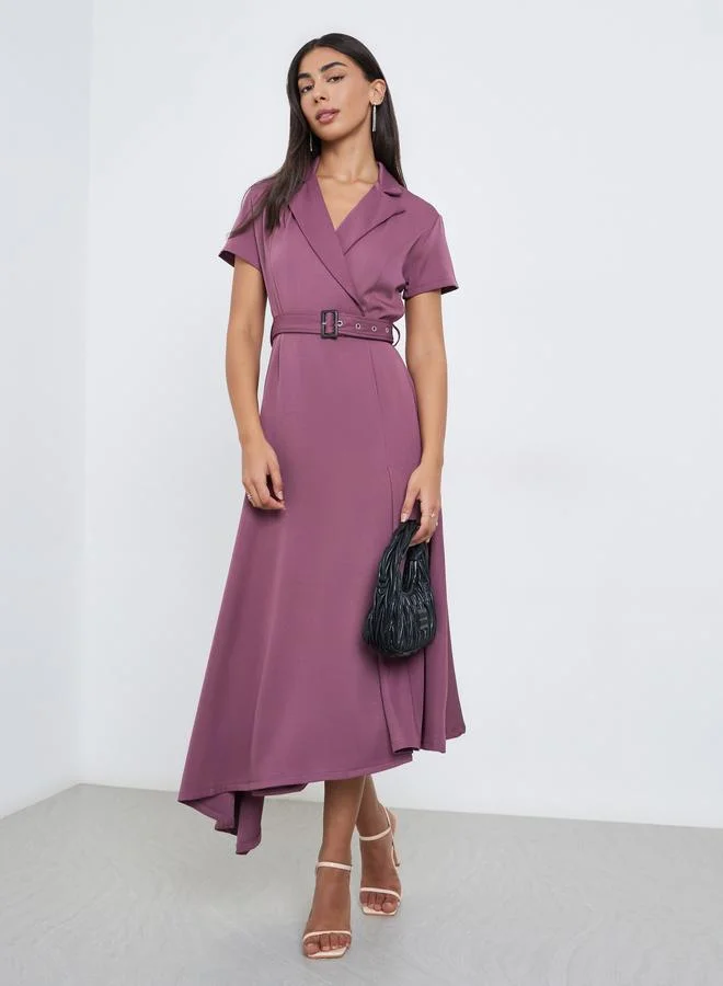 Styli Styli Purple Notch Lapel Midi Dress with Belt