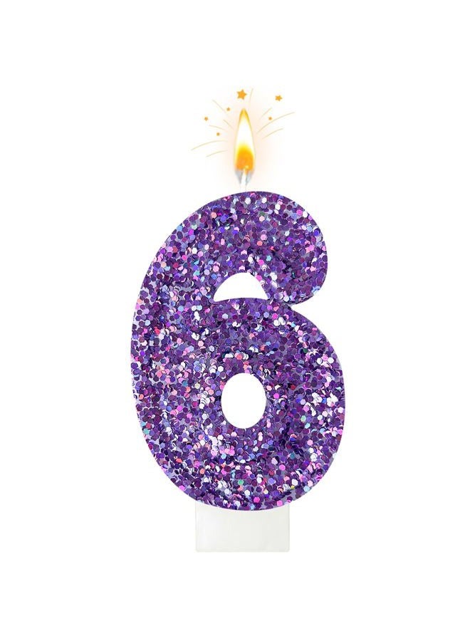 Zailo Birthday Number Candles, Glitter Number Candle Cake Decorations with Sequins, Cupcake Decorations for Girls, Women, Party Anniversary Celebrations (Number 6, Purple) - Image 1