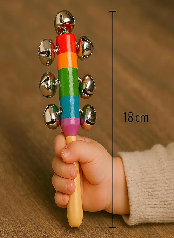 ASUNFISH Wooden Baby Rattle, Colorful Rainbow Jhunjhuna with Bells, Non-Toxic Musical Toy for Newborn Infants, 18 cm - Image 2