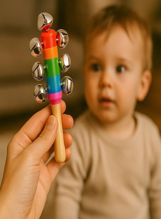ASUNFISH Wooden Baby Rattle, Colorful Rainbow Jhunjhuna with Bells, Non-Toxic Musical Toy for Newborn Infants, 18 cm - Image 3