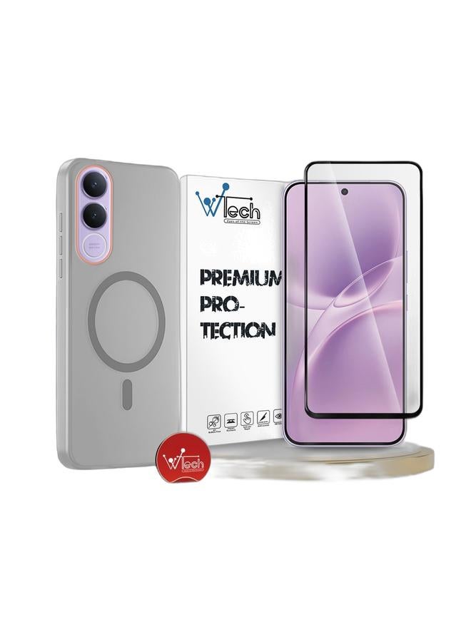 Wtech حافظة أنيقة مع شفافية هجينة ماغسيف مع شحن مغناطيسي وحواف كاميرا مرتفعة لجهاز vivo V70 FE 5G 2026 (MCMPMN) - رمادي و مجموعة واقي شاشة زجاجي مقسى كامل الغراء من سلسلة E2E لجهاز vivo V70 FE 5G 2026 (MSGECN) - شفاف/أسود - Image 1