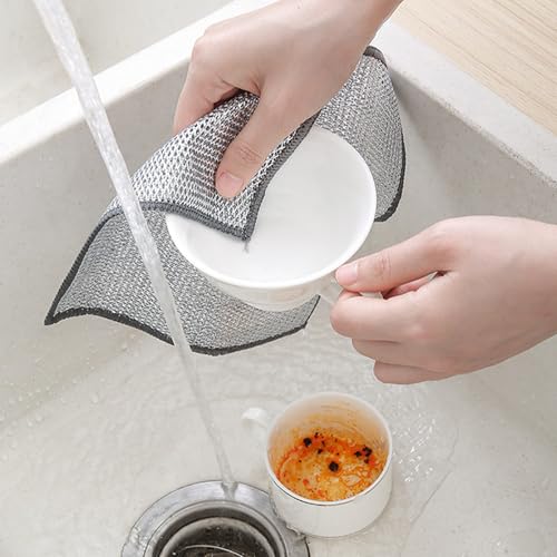 PRINKROOMY Double-Layer Steel Wire Cleaning Cloth - Non-Scratch Wire Dishcloth Rag Heavy Duty Scrub Pads Multi-Purpose Silver Mesh Scouring Pads for Dishes, Pots, Pans (10 pcs) - Image 3