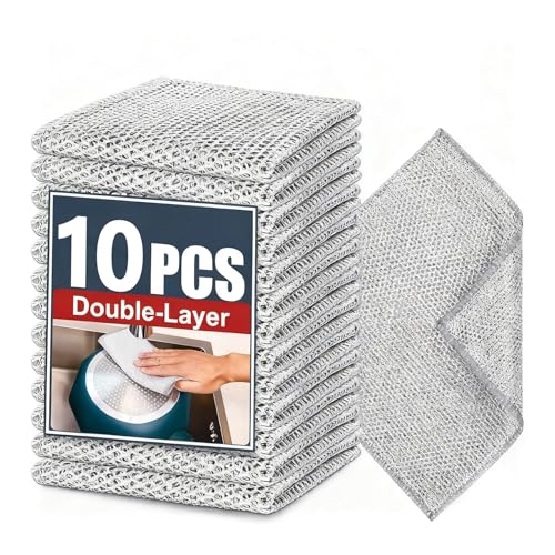 PRINKROOMY Double-Layer Steel Wire Cleaning Cloth - Non-Scratch Wire Dishcloth Rag Heavy Duty Scrub Pads Multi-Purpose Silver Mesh Scouring Pads for Dishes, Pots, Pans (10 pcs) - Image 1