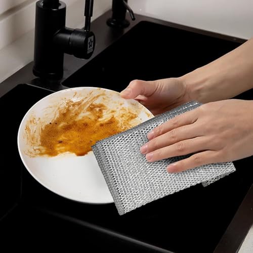 PRINKROOMY Double-Layer Steel Wire Cleaning Cloth - Non-Scratch Wire Dishcloth Rag Heavy Duty Scrub Pads Multi-Purpose Silver Mesh Scouring Pads for Dishes, Pots, Pans (10 pcs) - Image 2