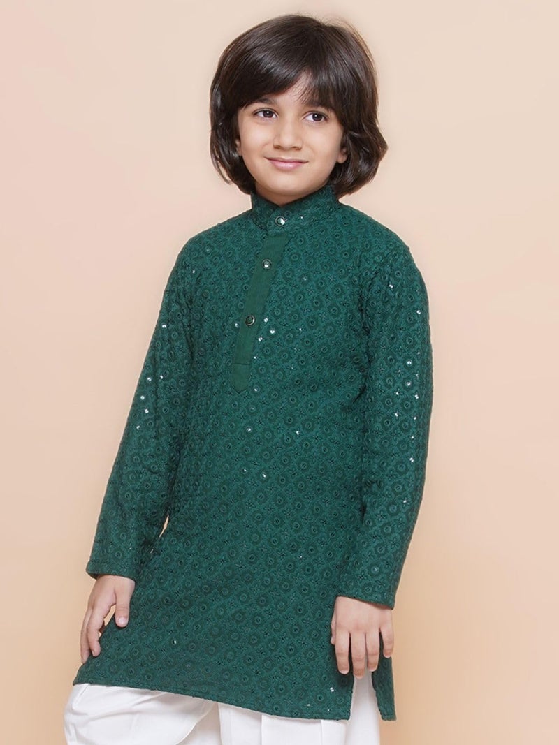 AJ DEZINES Kids Cotton Full Sleeve Sequined Teal Kurta for Boys - Ethnic wear | Special Occasion & Party Outfit | Chikankari Kurta for boys - Regular Fit - Image 4