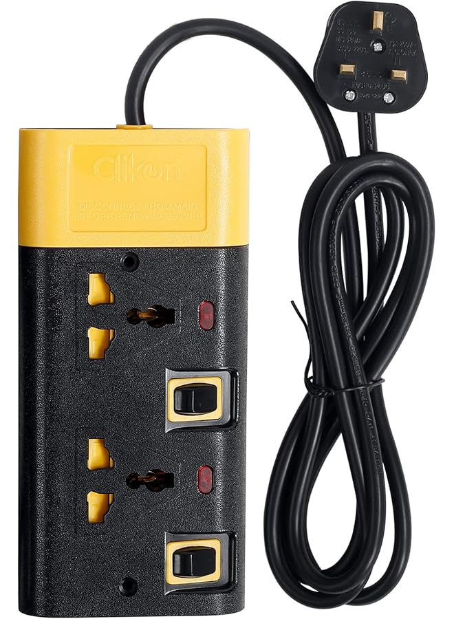 Clikon Power Strip Extension Cord with 2 Outlets, Universal Plug Adapter and Surge Protector, Charging Socket with 3M Cable, Black & Yellow - CK550 (2 Slot 3 Meter) - Image 1