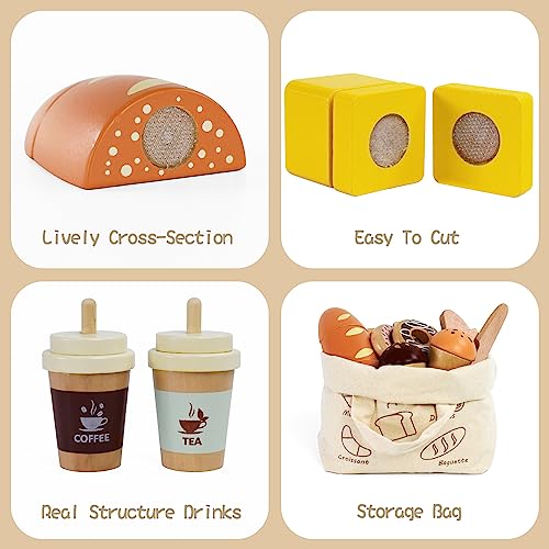 PairPear Wooden Bakery Toy Food Playset,Kids Pretend Play Food Kitchen Accessories with Shopping Bag,Toddlers Cutting Food Gift for Boys and Girls 3 Years and Up - Image 4