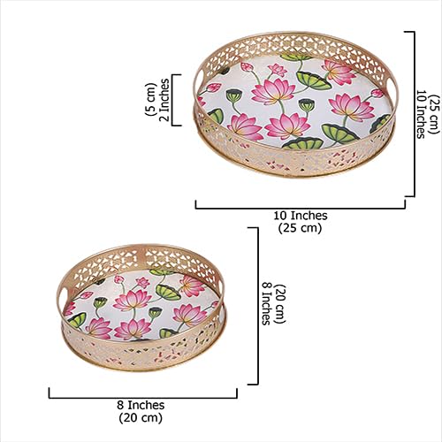 Two Moustaches Two Moustaches Lotus Flowers Design Serving Trays Set (8 Inches & 10 Inches), Serving Plates for Home, Platters for Tea/Coffee/Fruits/Snacks, Decorative Pichwai Tray, Multicolored, (Pack of 2) - Image 5