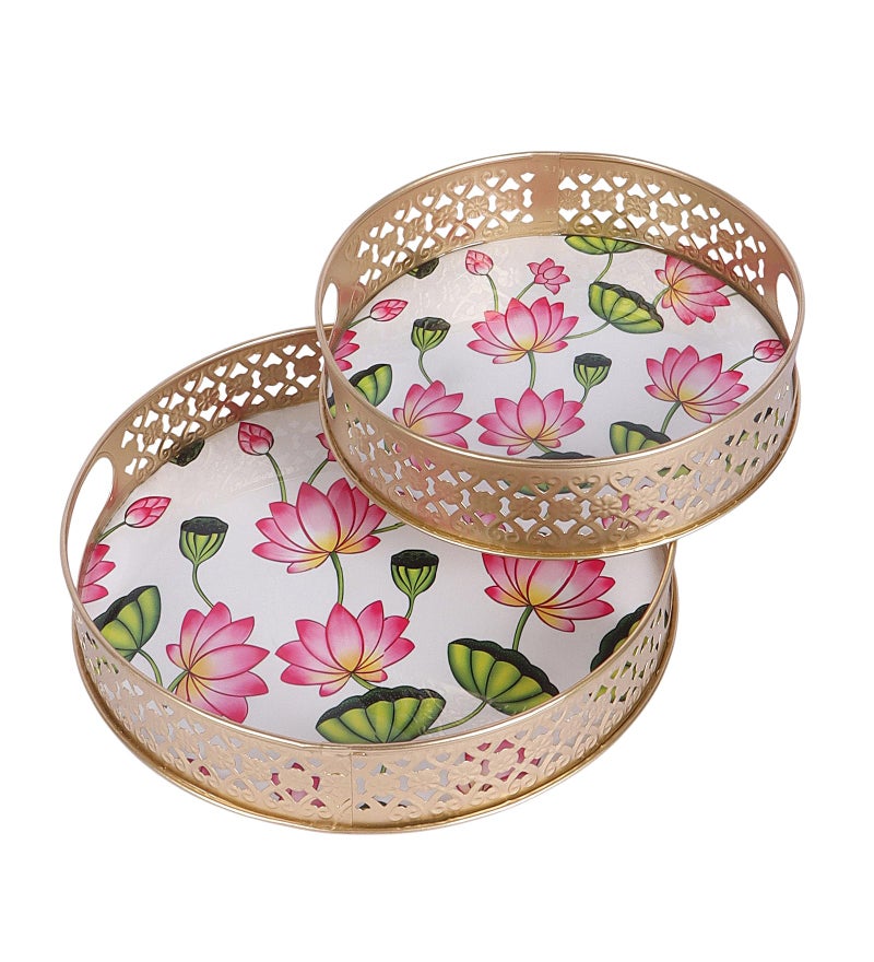 Two Moustaches Two Moustaches Lotus Flowers Design Serving Trays Set (8 Inches & 10 Inches), Serving Plates for Home, Platters for Tea/Coffee/Fruits/Snacks, Decorative Pichwai Tray, Multicolored, (Pack of 2) - Image 2