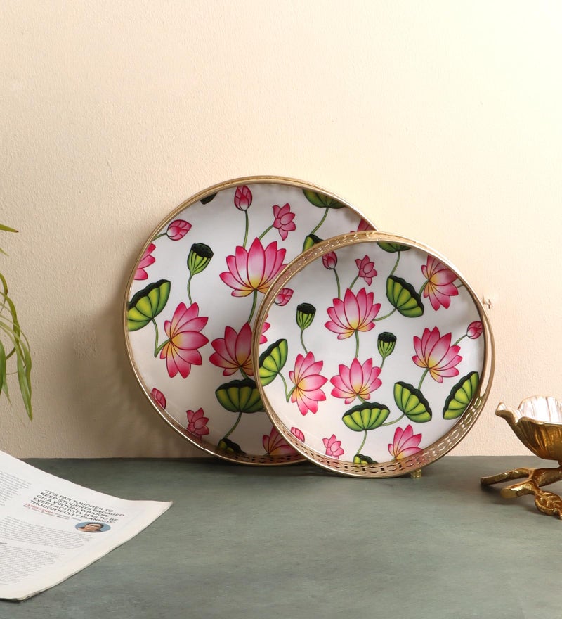 Two Moustaches Two Moustaches Lotus Flowers Design Serving Trays Set (8 Inches & 10 Inches), Serving Plates for Home, Platters for Tea/Coffee/Fruits/Snacks, Decorative Pichwai Tray, Multicolored, (Pack of 2) - Image 3