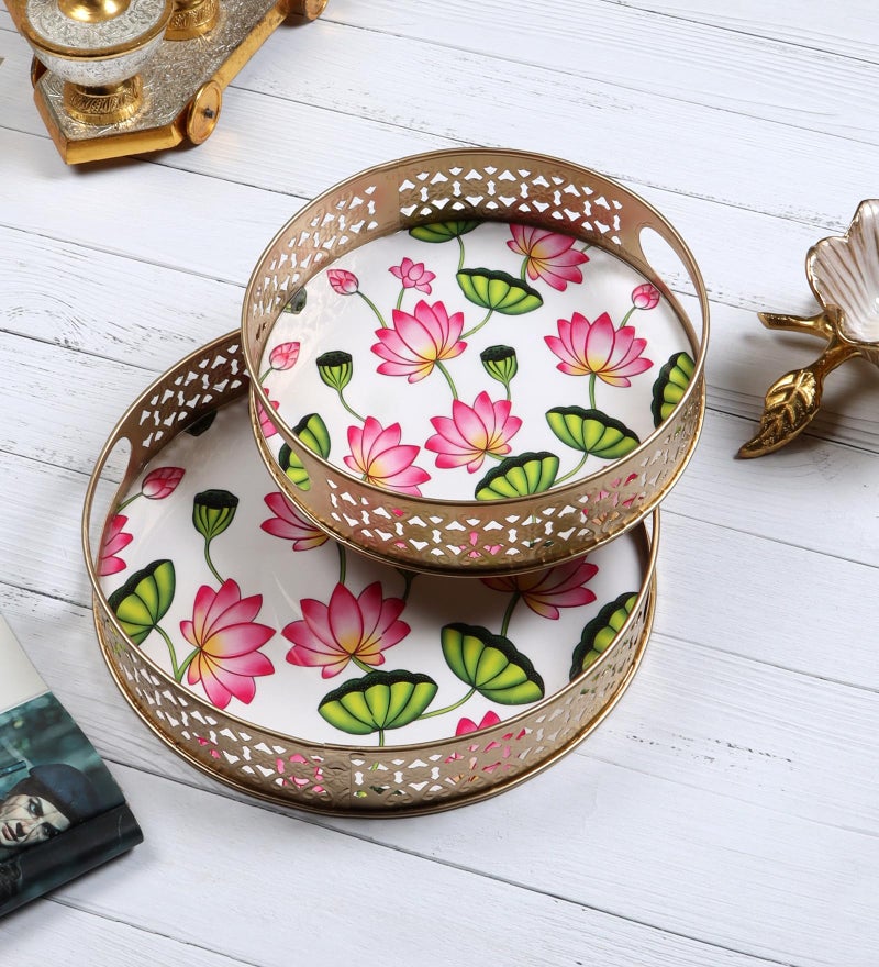Two Moustaches Two Moustaches Lotus Flowers Design Serving Trays Set (8 Inches & 10 Inches), Serving Plates for Home, Platters for Tea/Coffee/Fruits/Snacks, Decorative Pichwai Tray, Multicolored, (Pack of 2) - Image 1