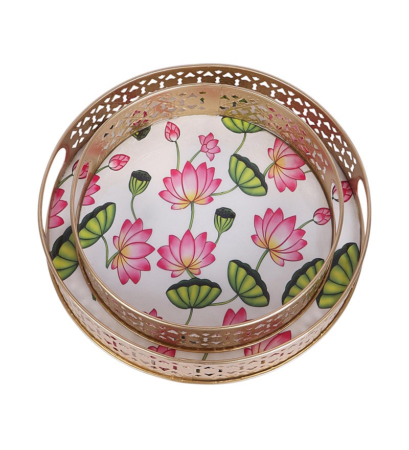 Two Moustaches Two Moustaches Lotus Flowers Design Serving Trays Set (8 Inches & 10 Inches), Serving Plates for Home, Platters for Tea/Coffee/Fruits/Snacks, Decorative Pichwai Tray, Multicolored, (Pack of 2) - Image 4