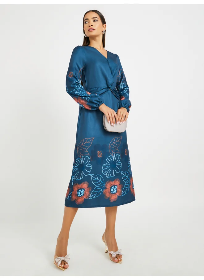 Styli Styli Floral Print Balloon Sleeves A-Line Midi Dress