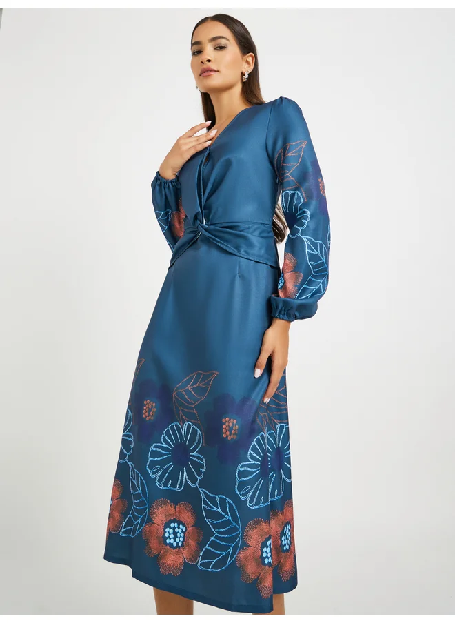 Styli Styli Floral Print Balloon Sleeves A-Line Midi Dress