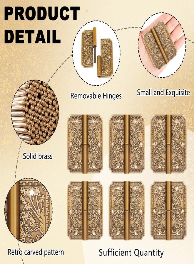 Otoolling 6pcs Antique Brass Hinges Double Door Removable Vintage Decorative Hinges 2.4x2inch Four Seasons Flower Pattern for Furniture Cabinet Drawer Door Wardrobe Bookcase Wood Jewelry Box - Image 3