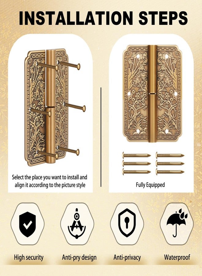 Otoolling 6pcs Antique Brass Hinges Double Door Removable Vintage Decorative Hinges 2.4x2inch Four Seasons Flower Pattern for Furniture Cabinet Drawer Door Wardrobe Bookcase Wood Jewelry Box - Image 4