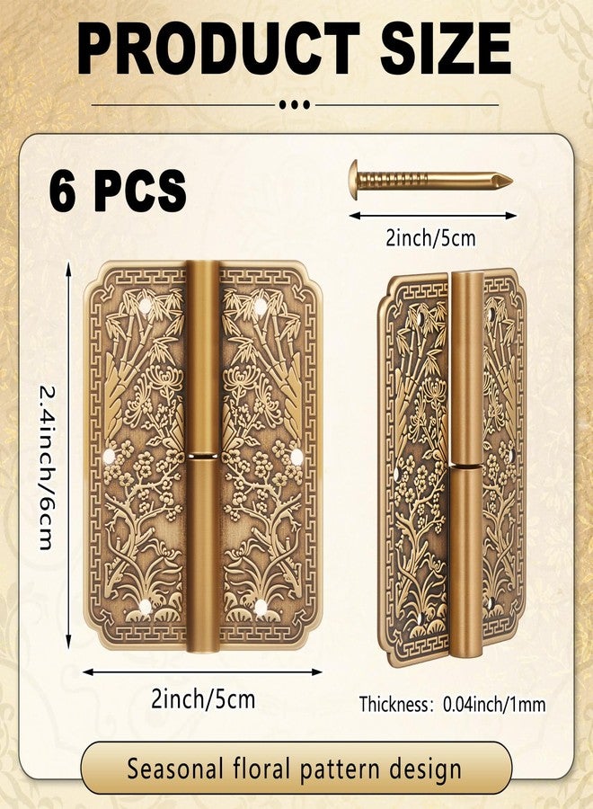 Otoolling 6pcs Antique Brass Hinges Double Door Removable Vintage Decorative Hinges 2.4x2inch Four Seasons Flower Pattern for Furniture Cabinet Drawer Door Wardrobe Bookcase Wood Jewelry Box - Image 2