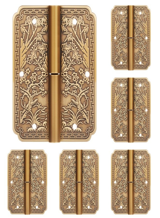 Otoolling 6pcs Antique Brass Hinges Double Door Removable Vintage Decorative Hinges 2.4x2inch Four Seasons Flower Pattern for Furniture Cabinet Drawer Door Wardrobe Bookcase Wood Jewelry Box - Image 1