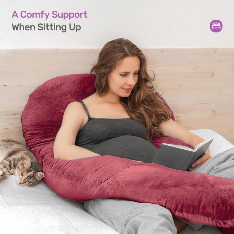 Maatrikaa UShaped Maternity Pillow Pregnancy Postpartum Support for Back Pain Sciatica Breastfeeding Sleep with Soft Velvet Removable Cover Maroon - Image 4