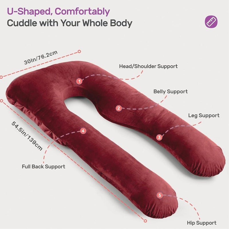 Maatrikaa UShaped Maternity Pillow Pregnancy Postpartum Support for Back Pain Sciatica Breastfeeding Sleep with Soft Velvet Removable Cover Maroon - Image 5