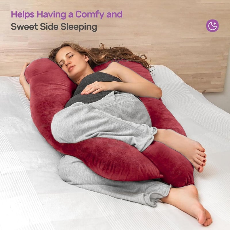 Maatrikaa UShaped Maternity Pillow Pregnancy Postpartum Support for Back Pain Sciatica Breastfeeding Sleep with Soft Velvet Removable Cover Maroon - Image 2
