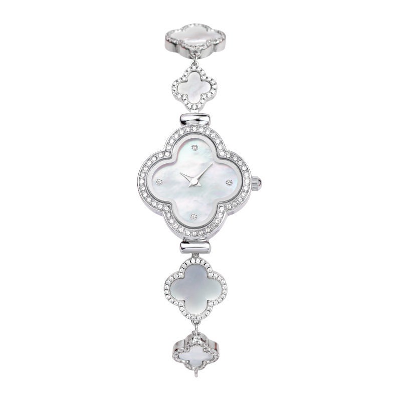 Elegant Clover Ladies Bracelet Watch with Rhinestones Silver