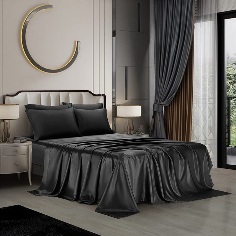 AiMay 6 Piece Satin Pillowcases Bed Sheet Set Deep Pocket Super Soft Luxury 1800 Rich Silk Silky Solid Color Reversible StainResistant Wrinkle Free California King Black