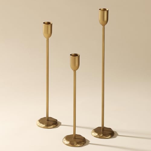 Perfnique Brass Candlestick Holders Set of 3 Antique Gold Iron Candle Holders for Christmas Birthday Wedding Party Dining Table Fireplace Mantel Decor - Image 1