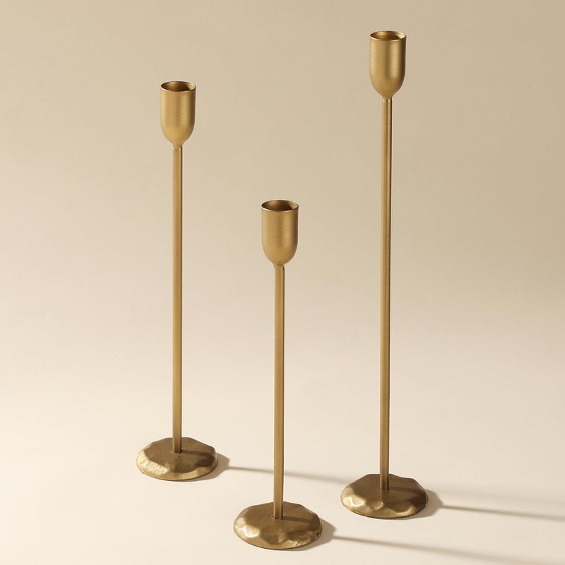 Perfnique Brass Candlestick Holders Set of 3 Antique Gold Iron Candle Holders for Christmas Birthday Wedding Party Dining Table Fireplace Mantel Decor - Image 2