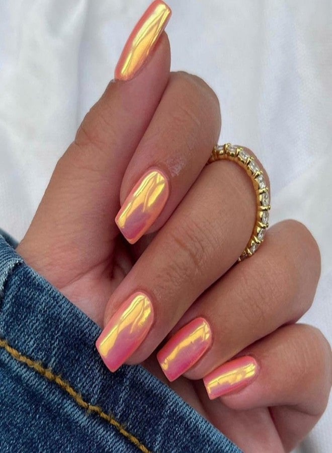 TOGZOM Pink Press on Nails Medium Square Nails Fake Nails Hot Pink Nail Press ons Chrome Glossy Glue on Nails Full Cover Shiny Acrylic Stick on Nail for Women Manicure 24Pcs - Image 1