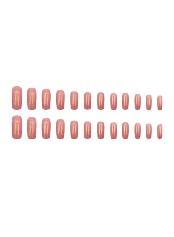 TOGZOM Pink Press on Nails Medium Square Nails Fake Nails Hot Pink Nail Press ons Chrome Glossy Glue on Nails Full Cover Shiny Acrylic Stick on Nail for Women Manicure 24Pcs - Image 3