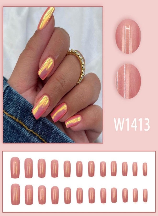 TOGZOM Pink Press on Nails Medium Square Nails Fake Nails Hot Pink Nail Press ons Chrome Glossy Glue on Nails Full Cover Shiny Acrylic Stick on Nail for Women Manicure 24Pcs - Image 5